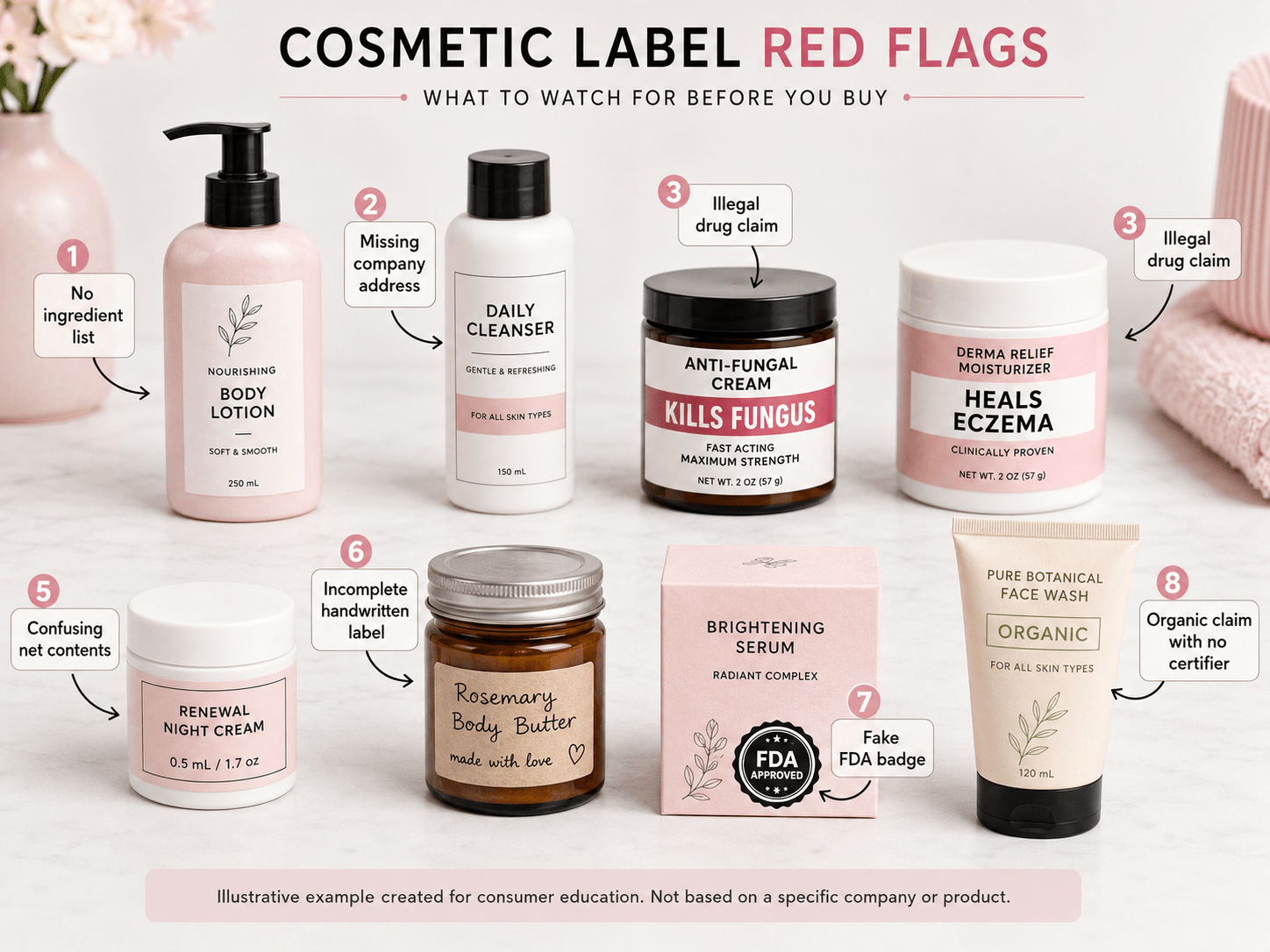 Generic educational examples of cosmetic label red flags including missing ingredients, missing company address, drug claims, confusing net contents, fake FDA badge, and unsupported organic claim