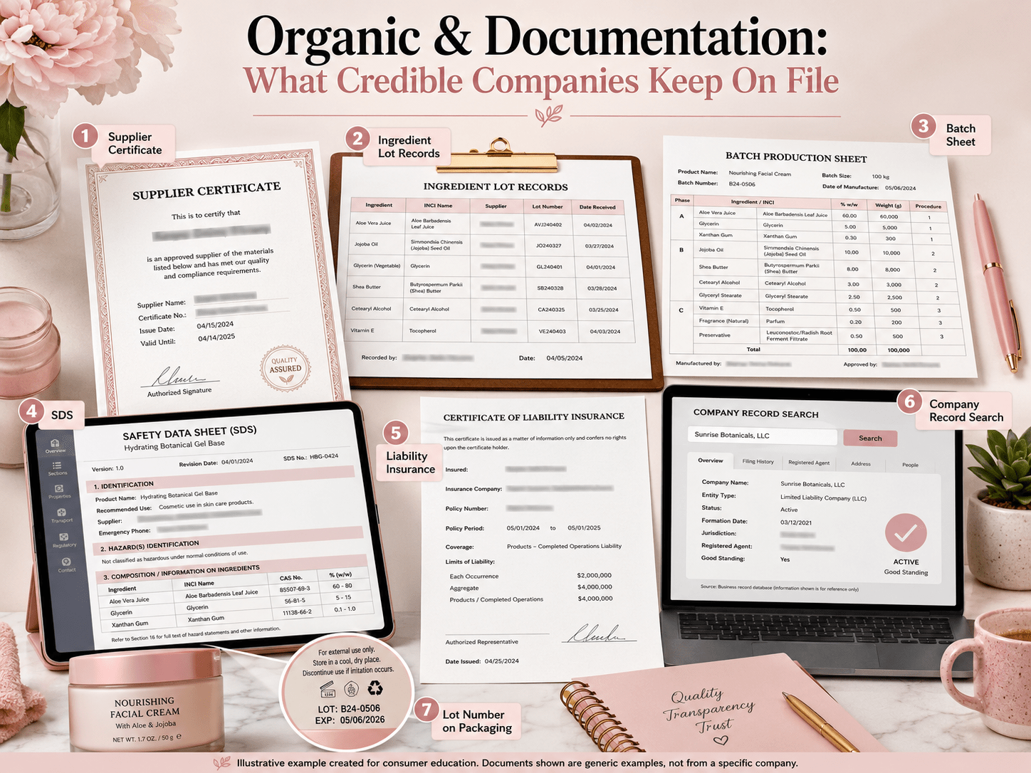 Generic supplier certificate, ingredient lot records, batch sheet, Safety Data Sheet, liability insurance record, company registry search, and package lot number