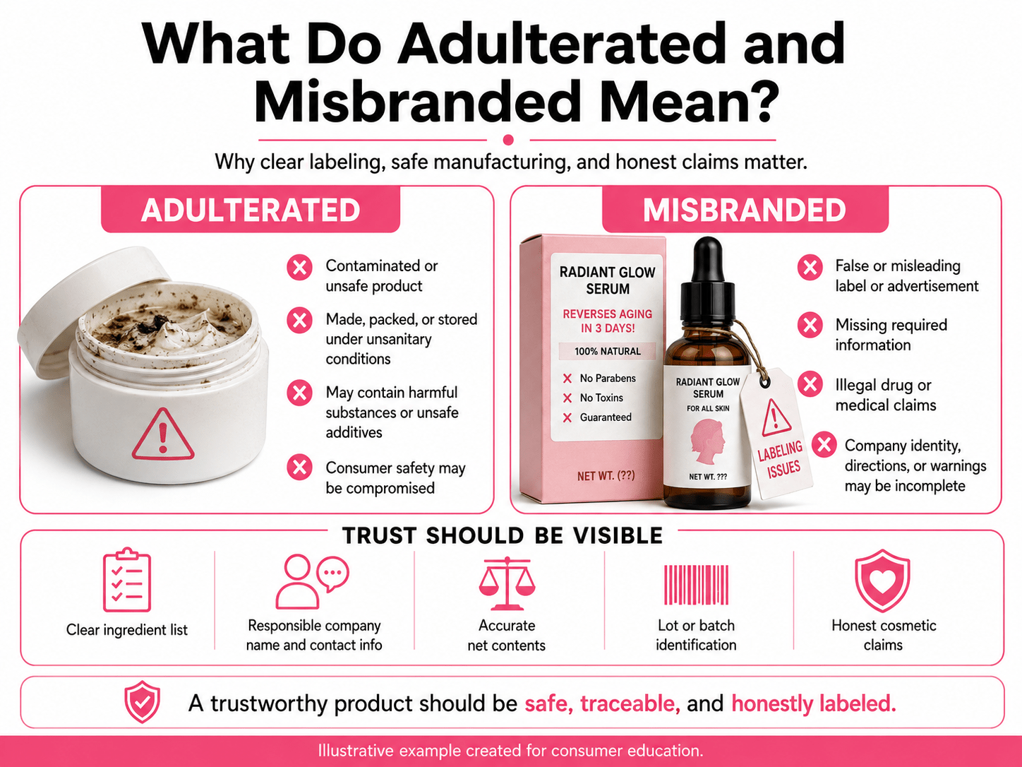 Illustrated example of clear cosmetic labeling, traceability, batch identification, safety documents, and company accountability